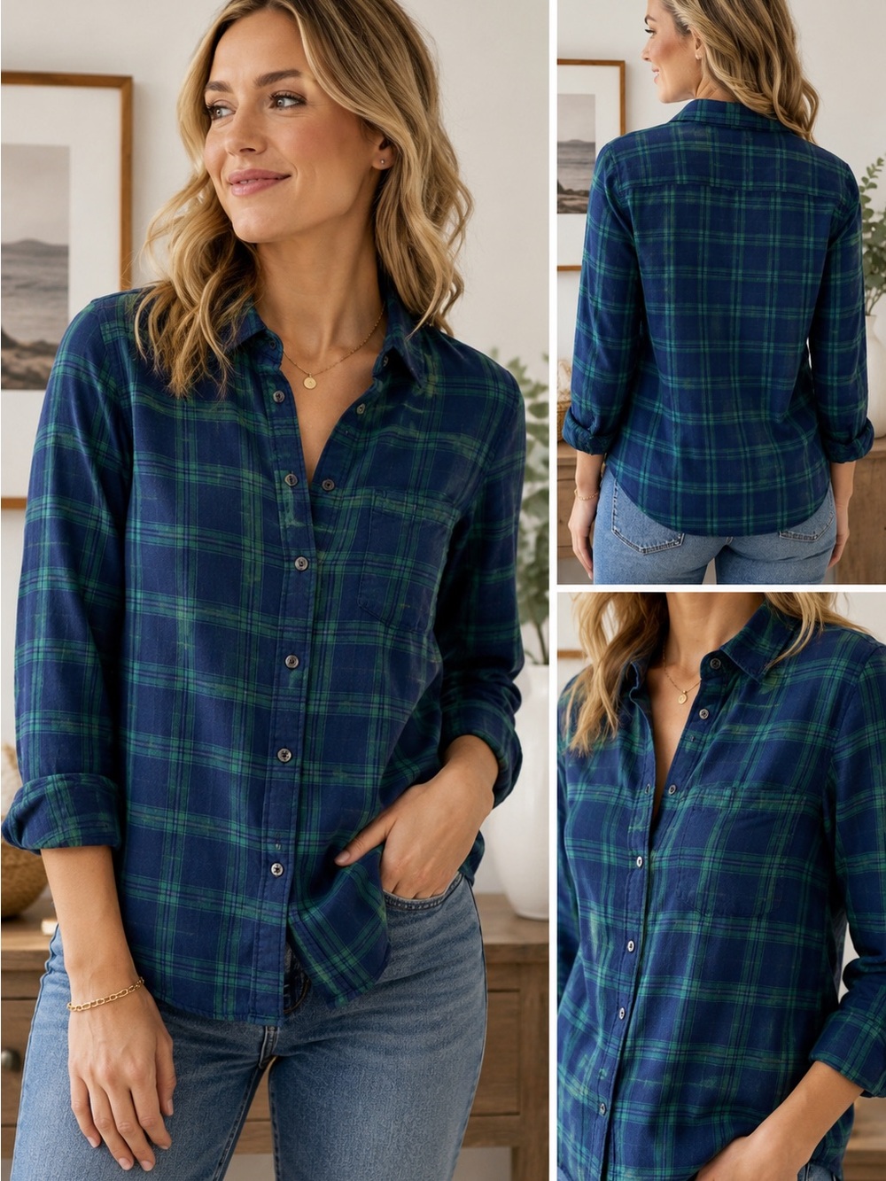 J.Crew Plaid Button Down Shirt Womens Medium Blue Green Flannel